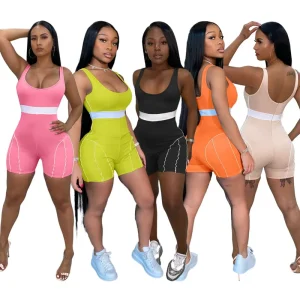 Women’s Summer Polyester Jumpsuits Rompers Fashion Slim Fit Solid Color Above Knee Length Sexy Line Rompers