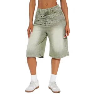 Women’s Summer Relaxed Fit Double-Breasted Metal Buckle Waistband Knee-Length Denim Shorts