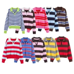 Women’s Summer Ribbed Striped Polo Shirt Collar Knit Sweater 5536068 5536162