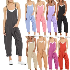 Women’s Summer Romper Custom Home Outdoor Jumpsuit Solid Color Adult Girls Overalls with Vintage Decoration