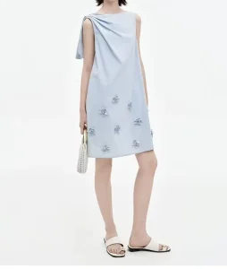 Women’s Summer Ruched Dress with Handmade Beaded Floral Decoration
