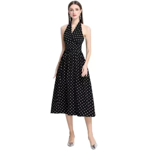 Women’s Summer Satin Backless Modern Halter Neck Elegant Tea Length Dress with Flowers for Sleeveless Party Formal