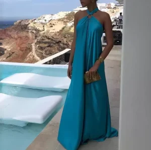 Women’s Summer Satin Halter Swing Gowns Party Travel Dresses