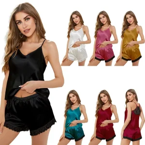 Women’s Summer Satin Pajamas Ice Silk Suspender Shorts Lace Patchwork Sexy FeaturesStyle Home Clothes