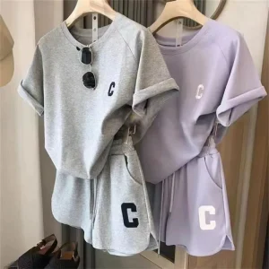 Women’s Summer Set Loose Short-sleeved T-shirt Crew Neck Polyester Spandex Casual Shorts Sports Printed Set