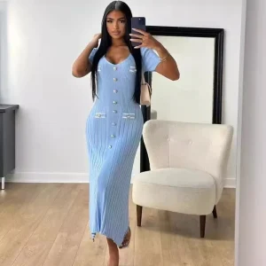 Women’s Summer Sexy Knitted Dress Deep V Neck Knitted Bodycon Short Sleeve Party Clubwear Long Dresses
