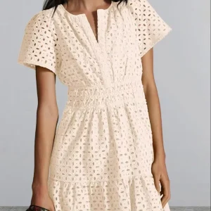 Women’s Summer Short Dress V Neck Short Sleeve A-line Hollow Lace Pleated Cute Casual Beach Party Dress