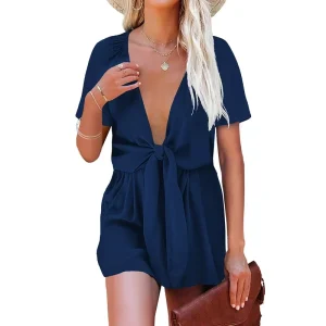 Womens Summer Short Rompers Sexy Cute Loose Tie Front Jumpsuit Casual V Neck Wide Leg Beach Overalls