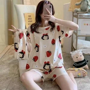 Women’s Summer Short Sleeve Cropped Pants Sleepwear V neck Casual Pajama Set
