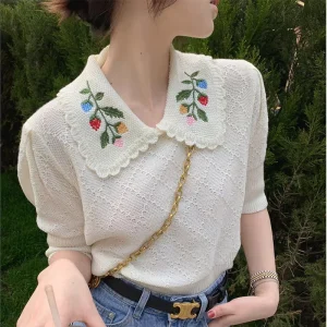 Women’s Summer Short Sleeve Thin Sweater Floral Print Retro Knit T-Shirt Embroidery Doll Collar Casual Pullover Tops