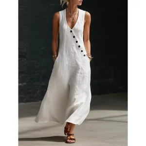 Women’s Summer Sleeveless Max Dress Cotton Linen V Neck Cinched a Line Slim Tank Short Dress