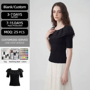 Women’s Summer Slim Blouse Solid Square Collar Textured Knit Top with Breathable Ruffle Collar