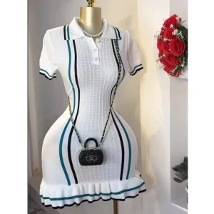 Women’s Summer Slim Knit Dress Polo Neck Short Sleeve Ruffle Hem Mini Dress Free Size