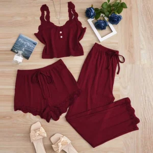 Women’s Summer Slim Three-Piece Pajama Set New Lace Camisole Long Shorts Europe US Cross Border Foreign Trade Solid Pattern
