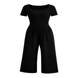 Women’s Summer Solid Above Knee One Piece Jumpsuits Casual Short Sleeve Square Neck Wide Leg Rompers Travel Outfit
