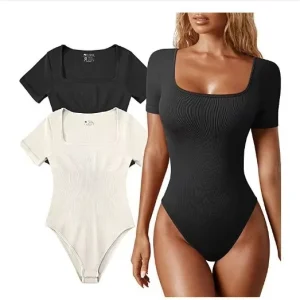 Women’s Summer Solid Casual Ribbed Short Sleeve Sports Yoga Jumpsuit with Skinny Fit O-neck Above Knee Length Polyester