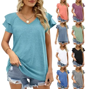 Women’s Summer Solid Color V-Neck Double-Layer Ruffle Sleeve Loose T-Shirt