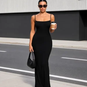 Women’s Summer Solid Washable Casual Slip Dress Spaghetti Strap Double Lined Bodycon Maxi Polyamide Spandex