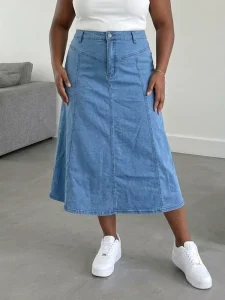 Women’s Summer Solid Washed A-Line Maxi Casual Skirt Breathable Cotton Denim Plus Size with Warranty & Returns