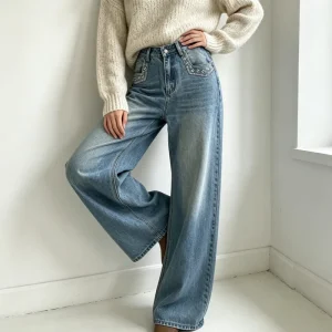 Women’s Summer Spring Breathable Simple Chic Y2K Vintage Mid Waist Casual Ankle Jeans Rhinestone Solid Denim Pleats Straight