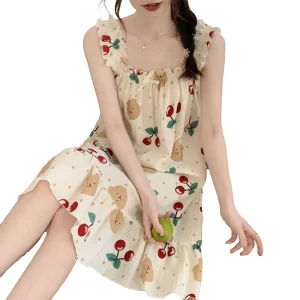 Women’s Summer Square-Neck Halter Dress Comfortable Loose Nightgown Small Floral Patterns Ruched Decoration Natural Waistline