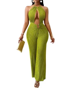 Women’s Summer Striped Halter Cutout Waist Romper Jumpsuit