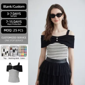 Women’s Summer Striped Knit Tank Top with Off Shoulder Design Button Accent Slim Fit Breathable