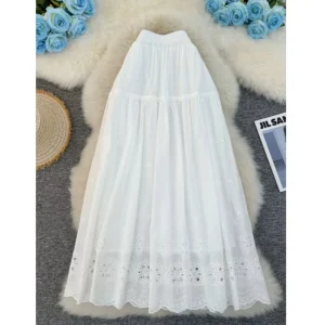 Women’s Summer Sweet White Crochet Long Skirt Casual Skirts Lace up Embroidery Patchwork A line Skirt