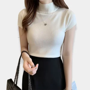 Women’s Summer Tight Knitted Short-sleeved T-shirt Sweaters Solid Color Knitted Thin 14GG Knitwear Can Add logo