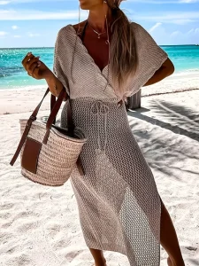 Women’s Summer V Neck A Line Bohemian Knit Dress Sashes Tie Waist Side Slit Maxi Sheer Beach Cover up ODM