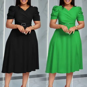 Women’s Summer V Neck Pleated Dress Elegant Solid Pattern XL (Large) Size Knee Length ODM Supply