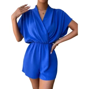 Women’s Summer V Neck Wrap Ruched Jumpsuit Elegant Summer Solid Color Short Sleeve High Waist Rompers Women’s Clothing
