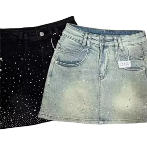 Women’s Summer Vintage Casual A Line Denim Skirt Tassel Rhinestone Solid Polyester Cotton Medium Wash Zipper Pocket Washable