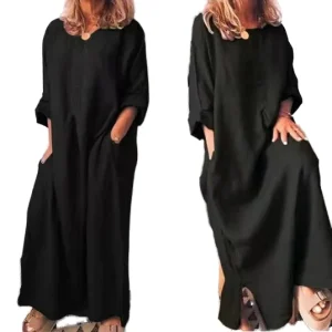 Women’s Summer Vintage Style Maxi Linen Dress Loose Silhouette Long Sleeve Casual T Shirt Dress Plus Size Casual Clothing