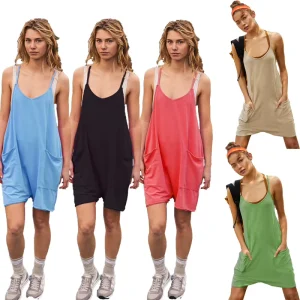 Women’s Summer Yoga V Neck Sleeveless Jumpsuits Casual Solid Adjustable Spaghetti Straps High Waist Breathable Loose