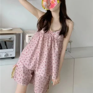 Women’s Summer and Spring Knitted Fabric Sleepwear Elastic Waist Pajamas Set with Front Logo Loungewear