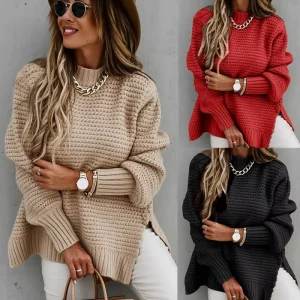 Women’s Sweater Casual Half High Neck Solid Color Long Sleeved Side Slit Knitted Sweaters for Women
