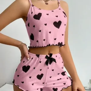 Women’s Sweet Heart Print Cami Top and Shorts Pajama Set Soft Ribbed Loungewear with Ruffle Hem