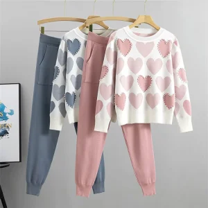Women’s Sweet Love Floral Beaded Crew Neck Pullover Sweater Drawstring Pants Two Piece Set Breathable Knit Polyester Cotton Suit