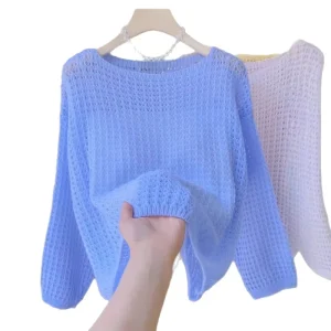 Women’s Sweet Pink O Neck Knitted Nylon Anti Pilling Thin Casual Summer Pullover with Long Sleeves Solid Pattern