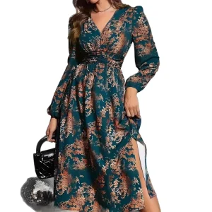 Women’s Sweet Summer V Neck Digital Wrap Floor-Length Maxi Dress High-Waisted Belt Breathable Garment Dyed Vintage Fashion