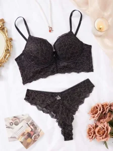 Women’s Swimsuit Fabric + Lace Molded Cup Underwear Set With Steel Wire Ring Bra and Panties Lingerie