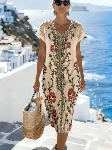 Women’s Symmetrical Floral Knit Dress Summer V-Neck Short Sleeve Pointelle Mesh Midi Dress 100% Polyester Printed Resort Wear