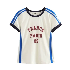 Women’s T Shirt Clothing Spring Letters Print Color Match Short Sleeve O Neck Custom Slim Tee Shirt Lady Mujer