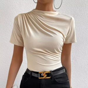 Women’s T Shirts Casual Round Neck Short Sleeve Children’s Tops Breathable Solid Color Pleated Women’s T Shirts