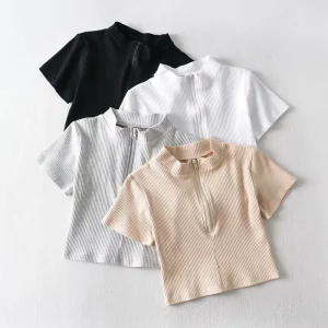Women’s T Shirts High Waist 100% Cotton Tshirt Custom logo Blank Zipper Tshirts