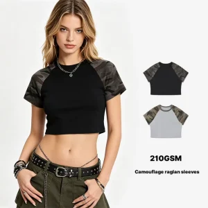 Women’s T-shirt American-style Streetwear Camouflage Drop-shoulder Short-sleeved 210g Slim Fit Colour-blocked Cropped