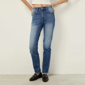Women’s Tapered Fit Blue Denim Jeans High Waisted Slimming Straight Leg Pants Mid Wash Stretch Comfortable