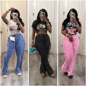 Women’s Tassel Pants Trousers Acid Wash Street Stacked Sweatpants Fringe Stretch Flare Cargo Pants Fall Clothes for Women
