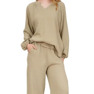 Women’s Textured Cotton Gauze Loungewear Set Ruched V Neck Long Sleeve Wide Leg Pants Set Custom Logo